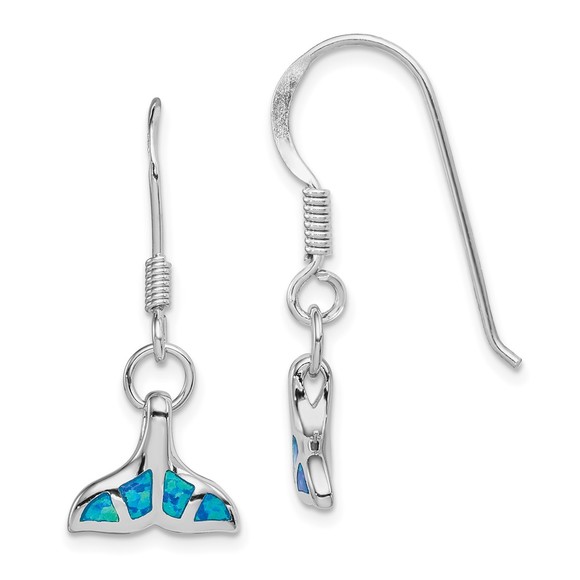 925 Sterling Silver Rhod Created Opal Dolphin Nautical Tail Dangle Earrings